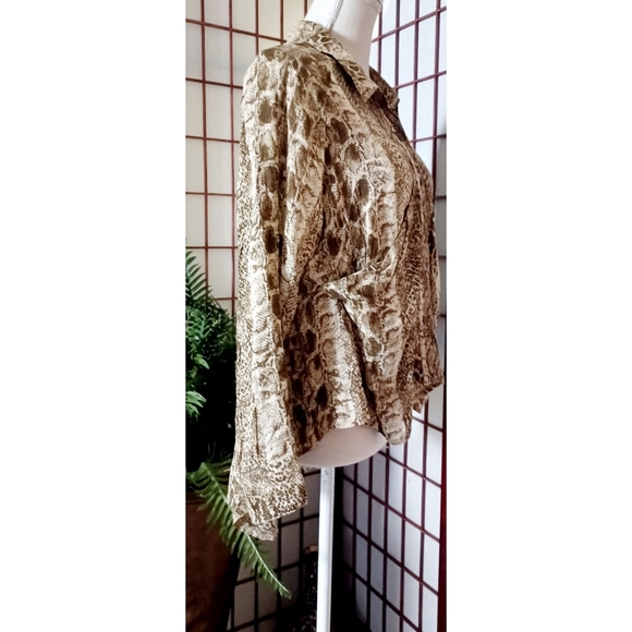 Epique Moi Women's Brown/Tan Runched Snake Print Button Front Blouse - Picture 7 of 16